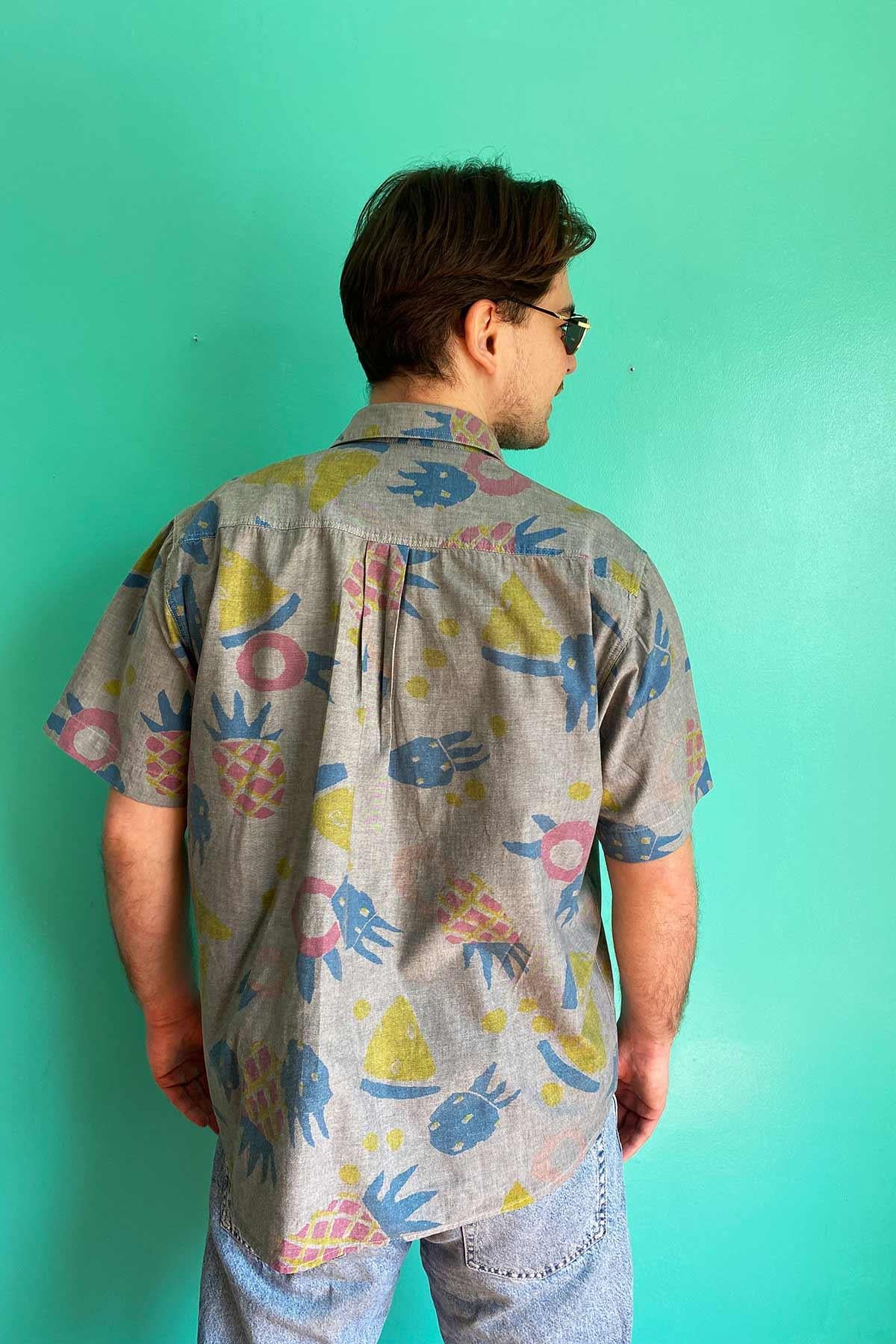 Vintage Desenli Gri Cotton Gömlek