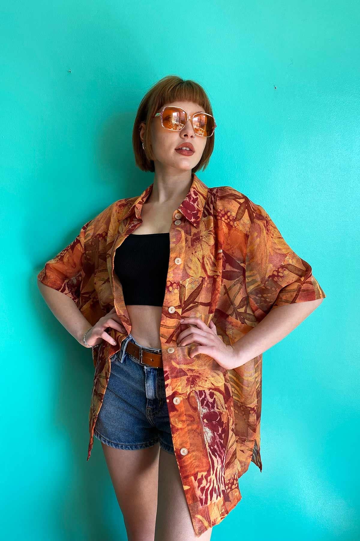 Vintage Desenli Oversize Gömlek