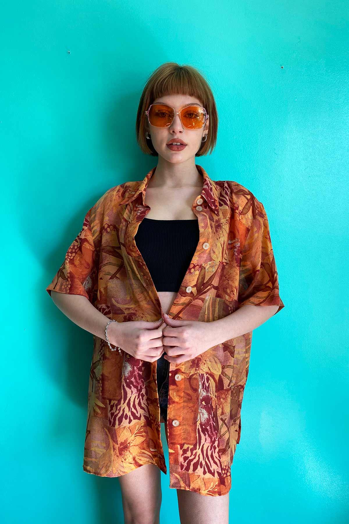 Vintage Desenli Oversize Gömlek