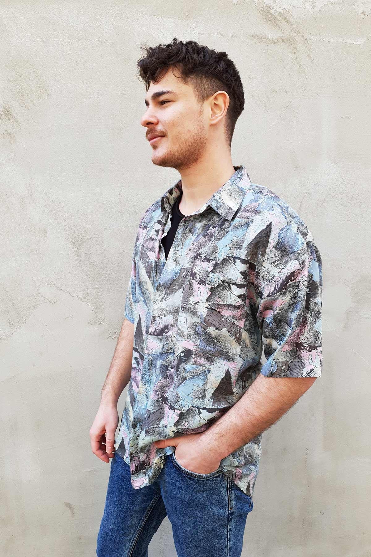 Vintage Desenli Saf İpek Gömlek