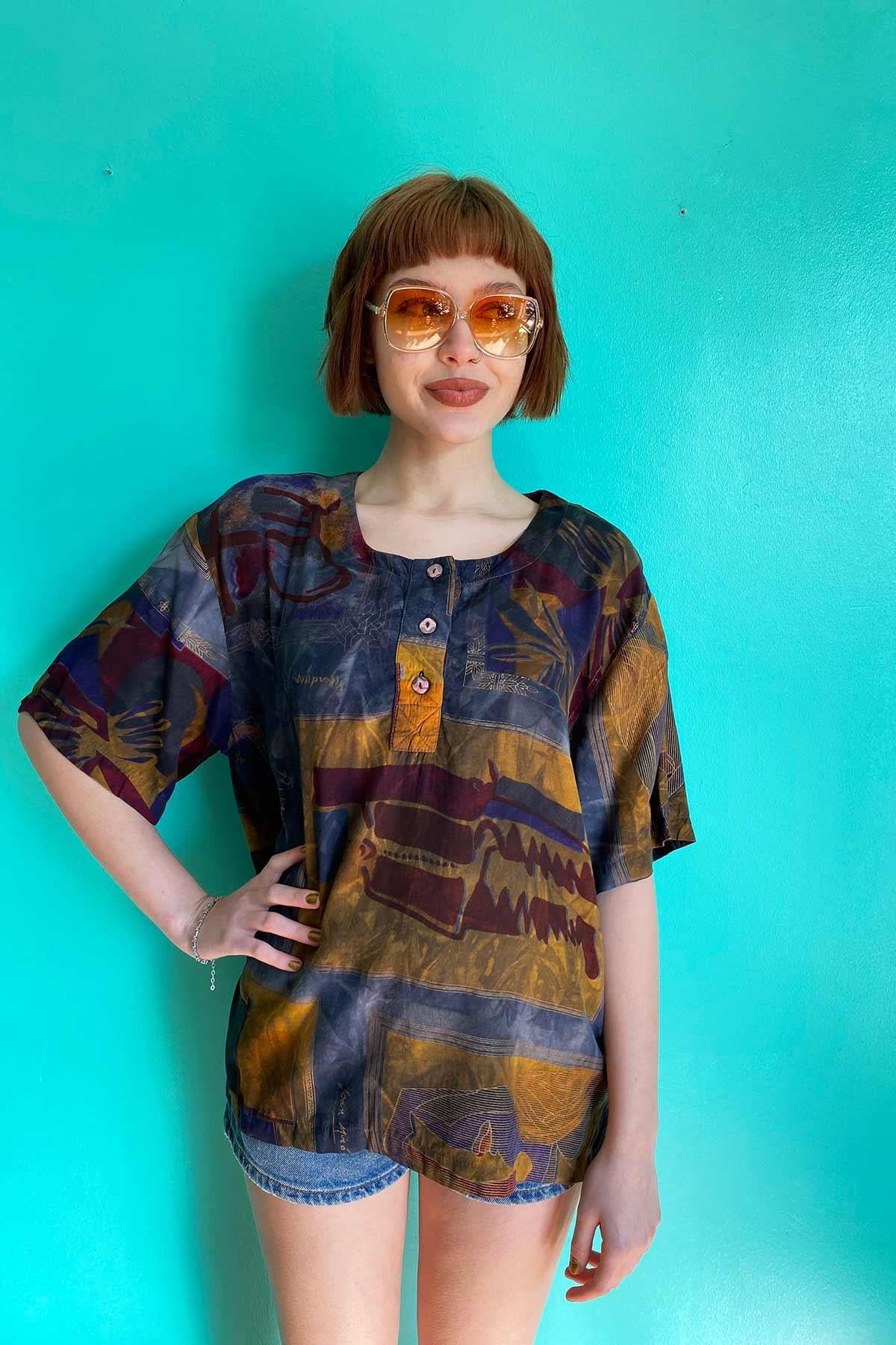 Vintage Desenli Viskon Tshirt