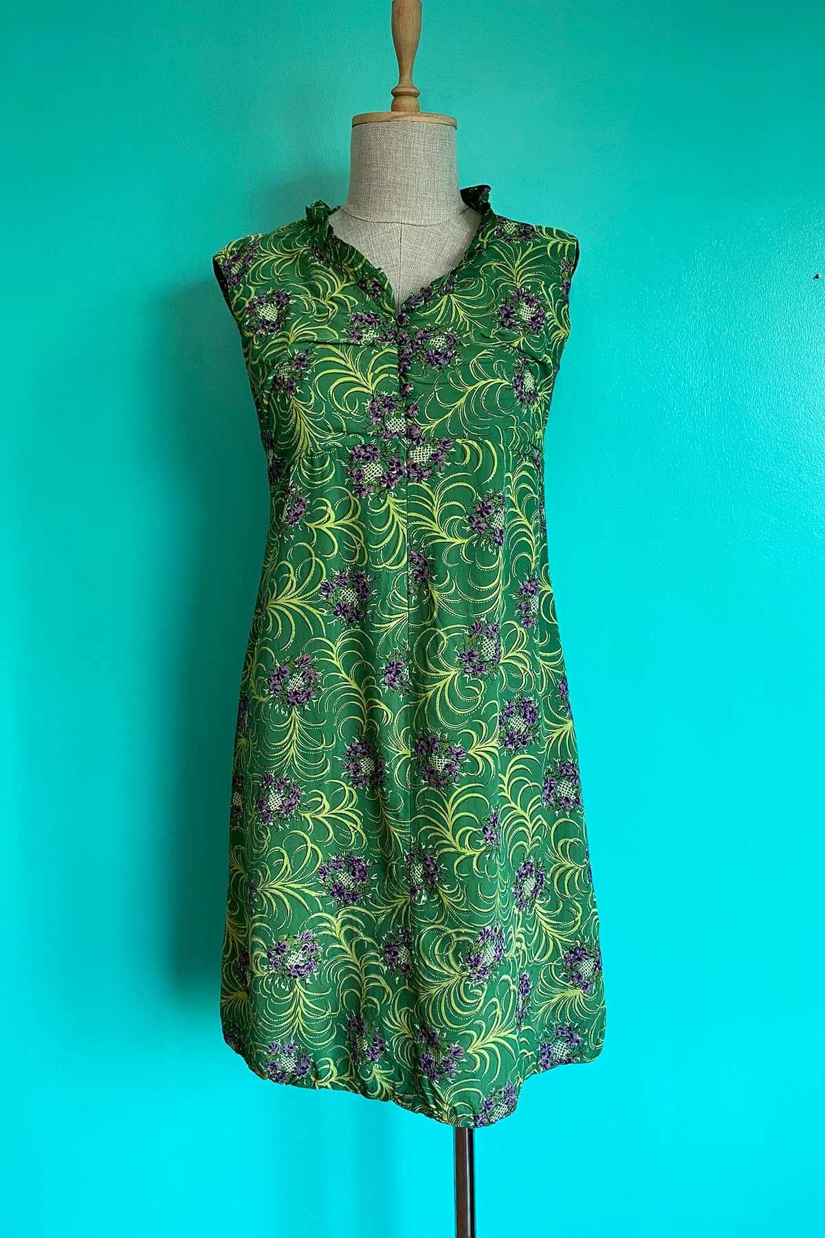 Vintage Desenli Yeşil Elbise