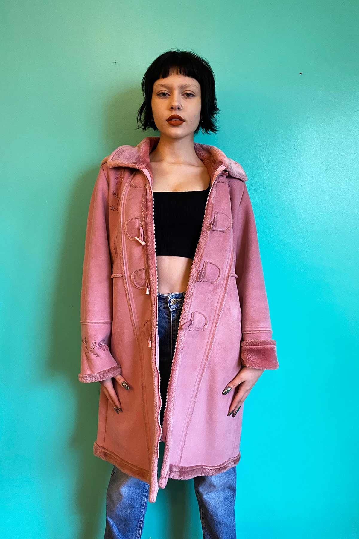 Vintage Kapüşonlu Pembe Süet Kaban