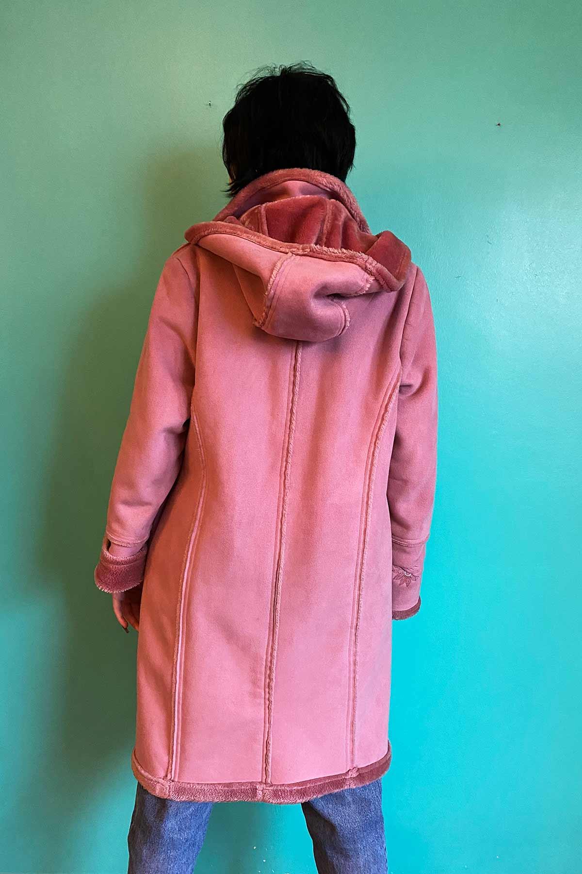 Vintage Kapüşonlu Pembe Süet Kaban