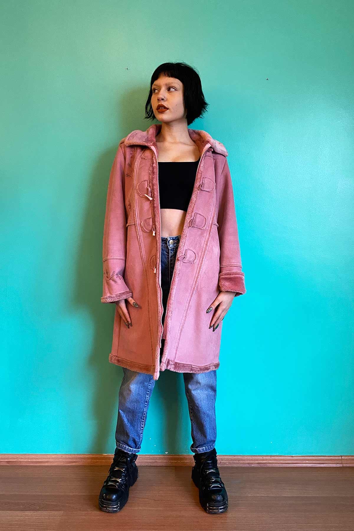Vintage Kapüşonlu Pembe Süet Kaban