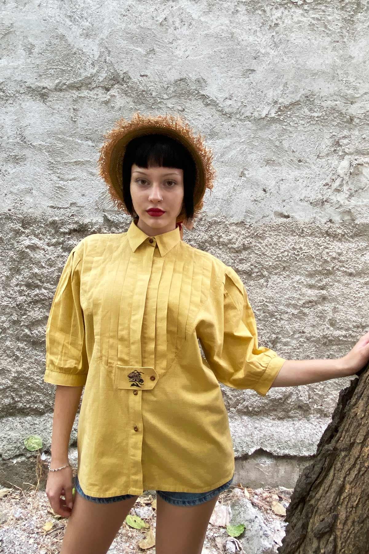 Vintage Keten Sarı Gömlek