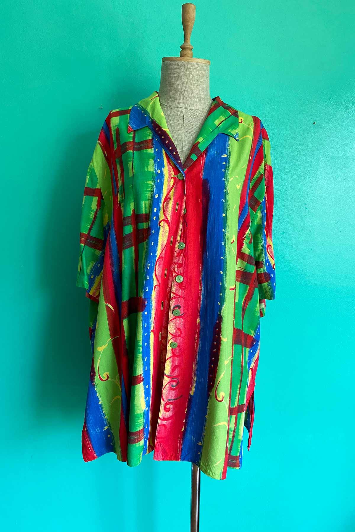 Vintage Kısa Kol Desenli Oversize Viskon Gömlek