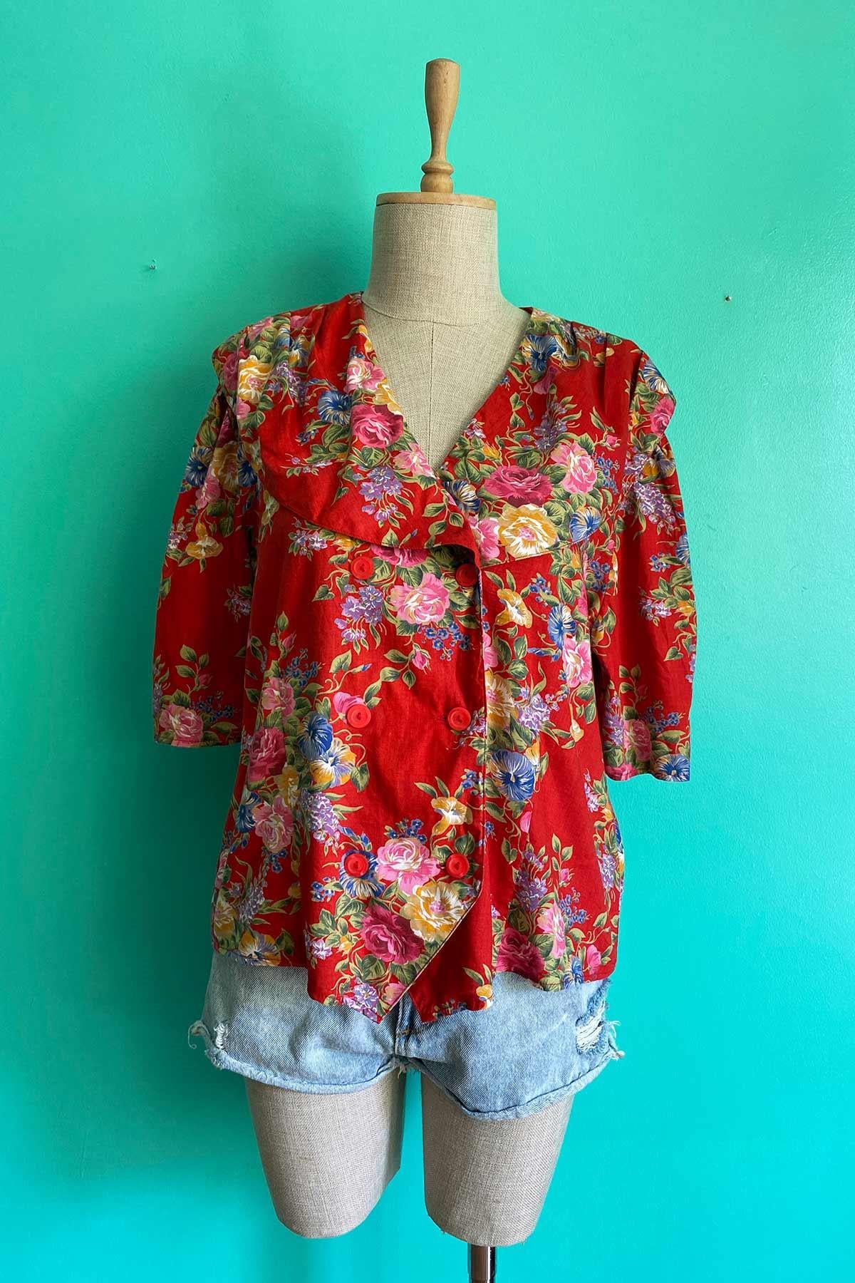 Vintage Maxi Yaka Çiçekli Pamuk Gömlek
