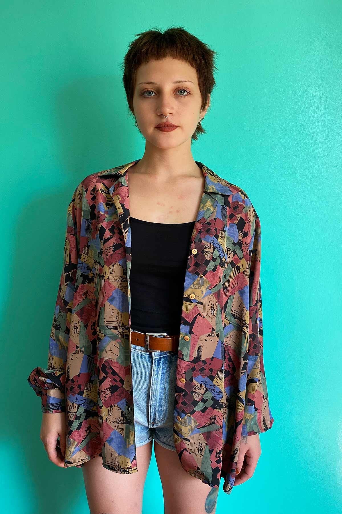 Vintage Oversize Desenli Gömlek