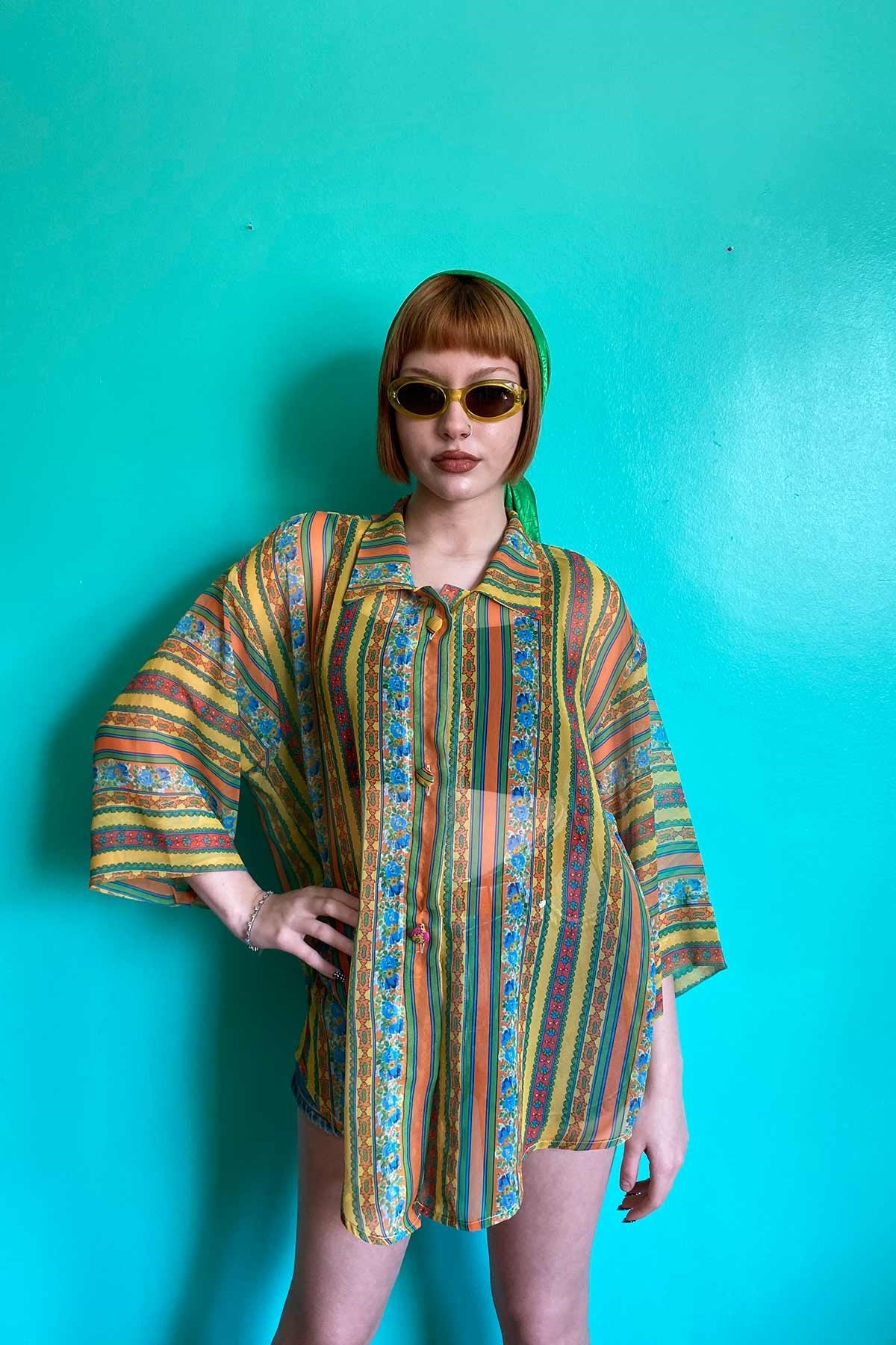 Vintage Oversize Renkli Çiçekli Gömlek