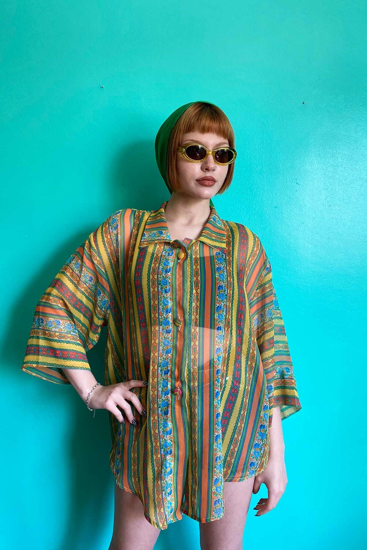 Vintage Oversize Renkli Çiçekli Gömlek