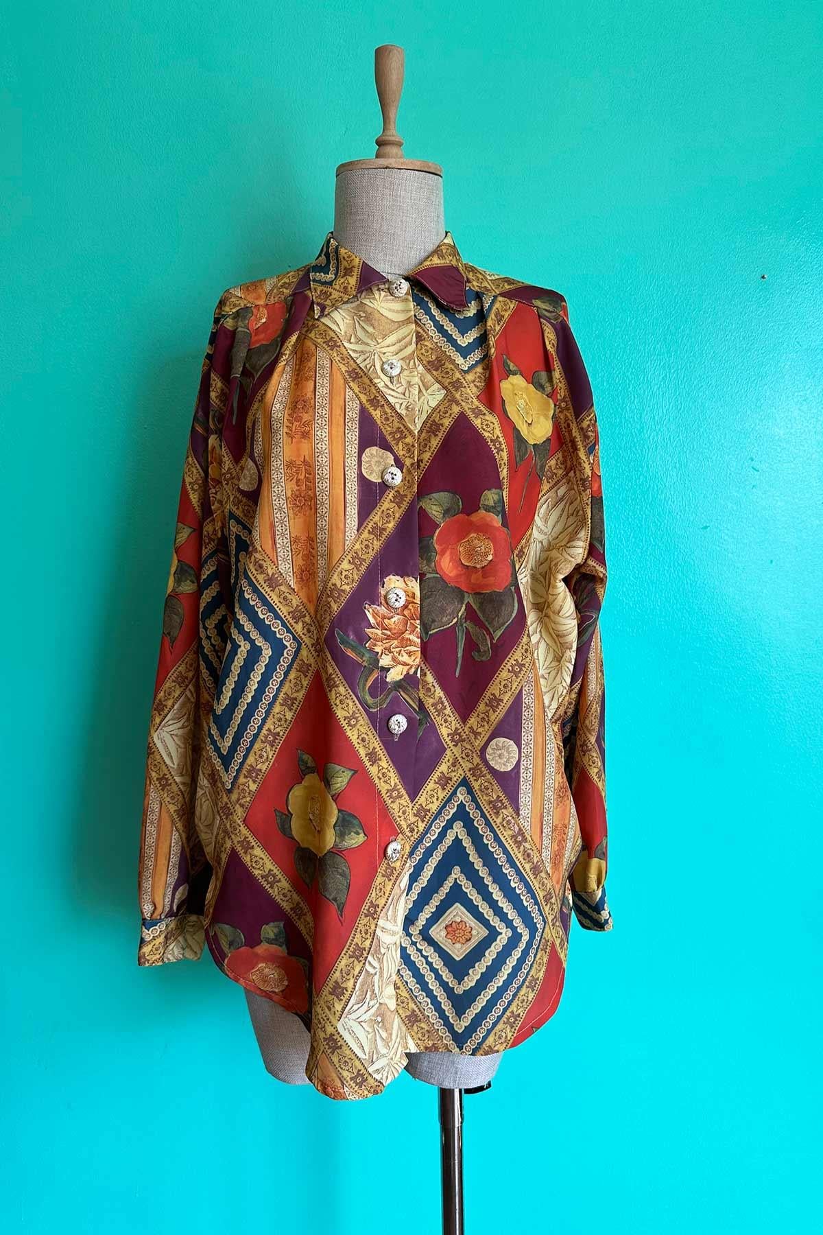 Vintage Oversize Renkli Desenli Gömlek