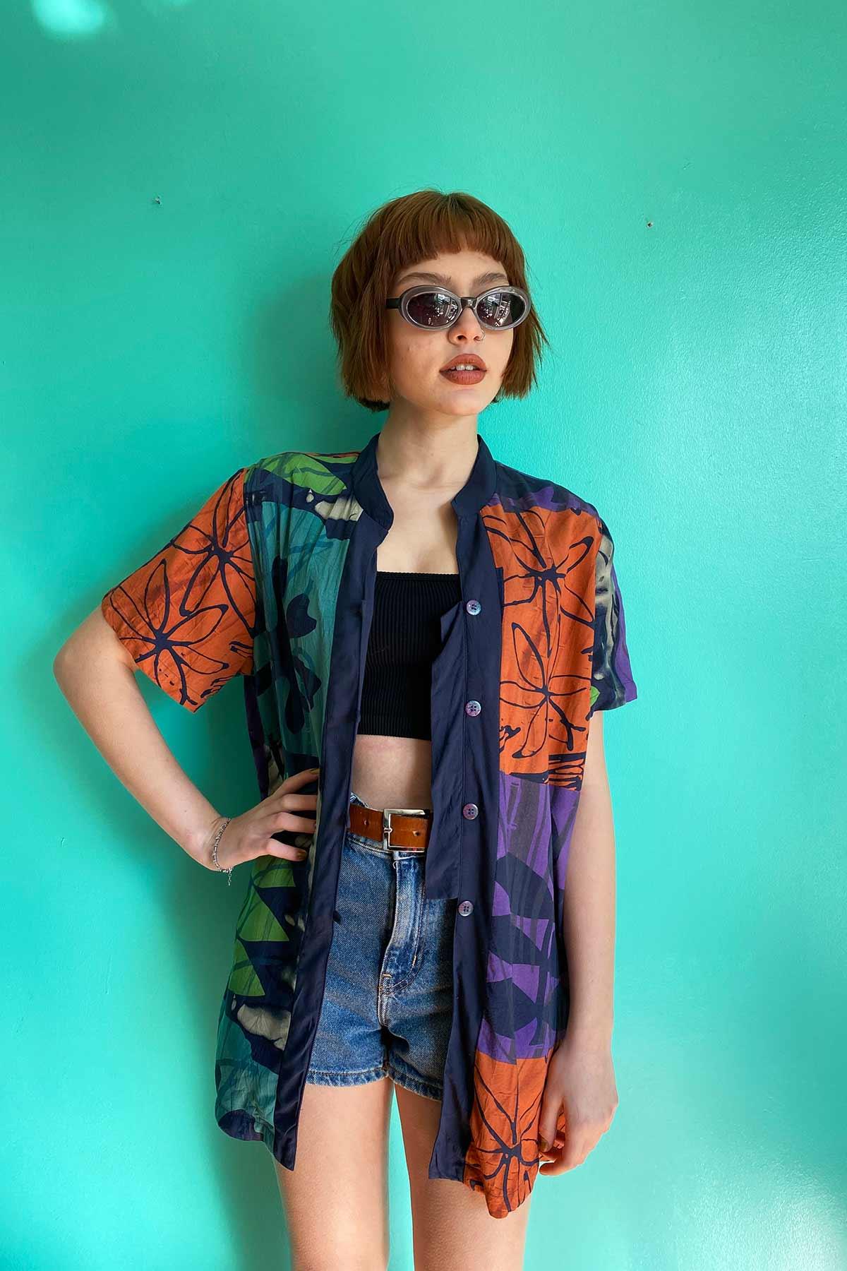 Vintage Oversize Renkli Viskon Gömlek