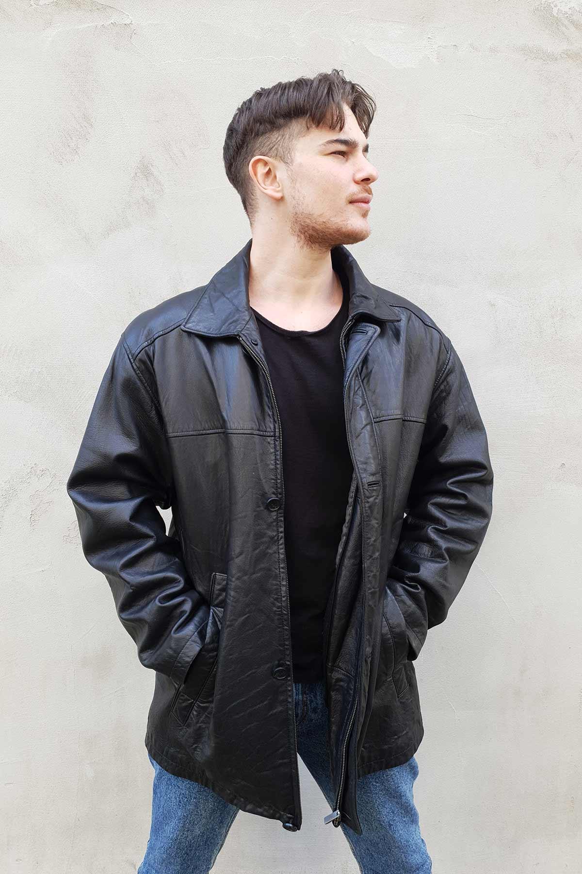 Vintage Oversize Siyah Deri Kaban