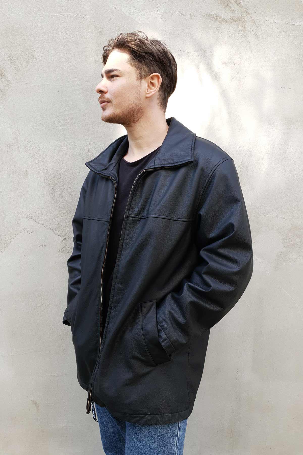 Vintage Oversize Siyah Deri Kaban