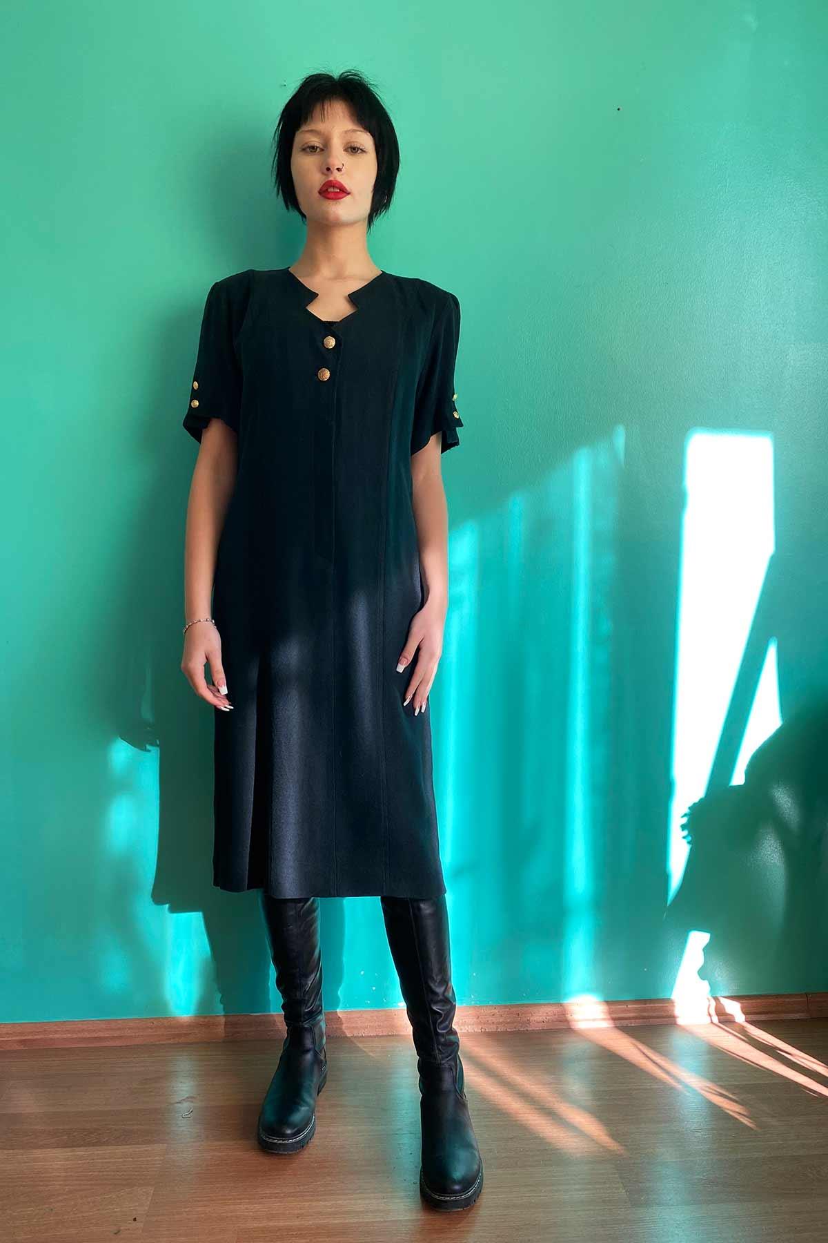 Vintage Siyah Keten Elbise