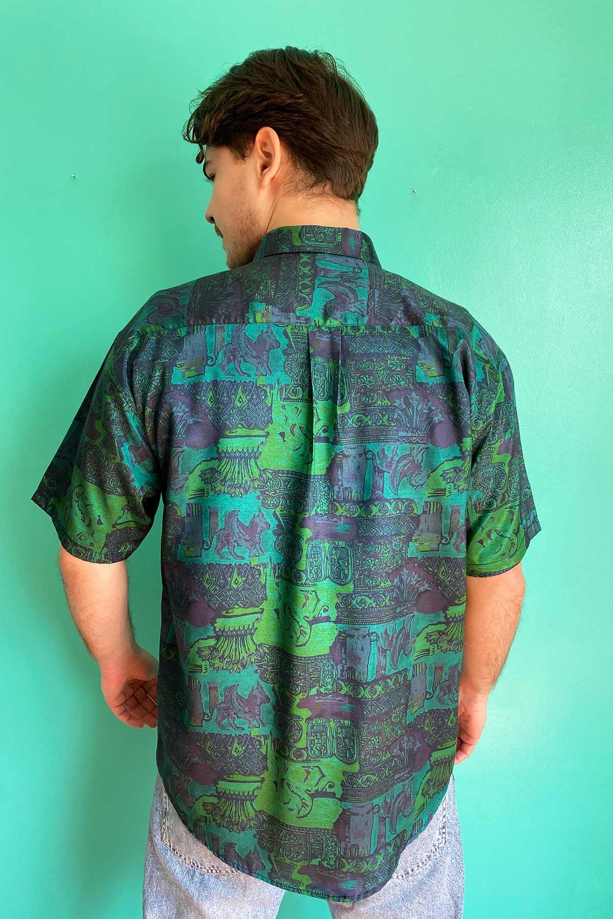 Vintage Taylan İpeği Desenli Yeşil Gömlek