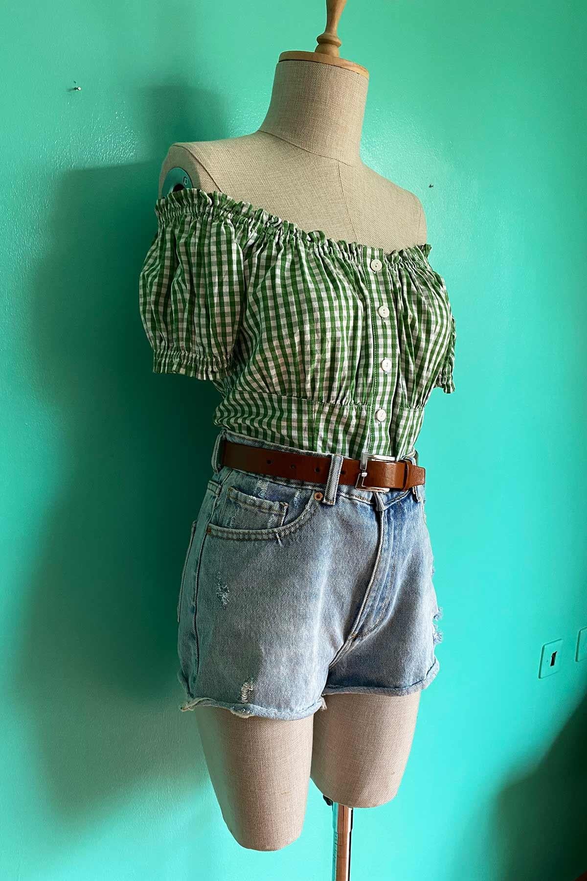 Vintage Yeşil Pötikare Bavyera Bluz