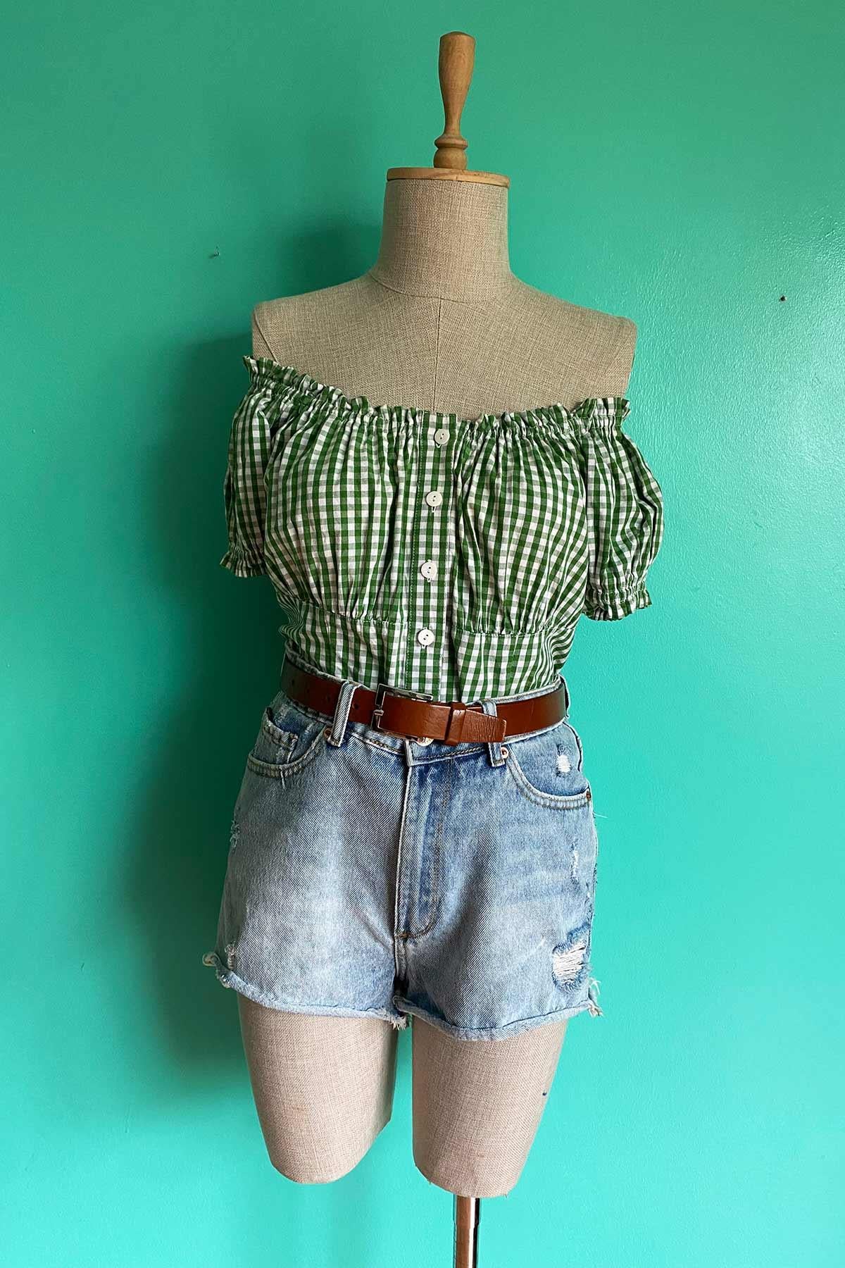 Vintage Yeşil Pötikare Bavyera Bluz