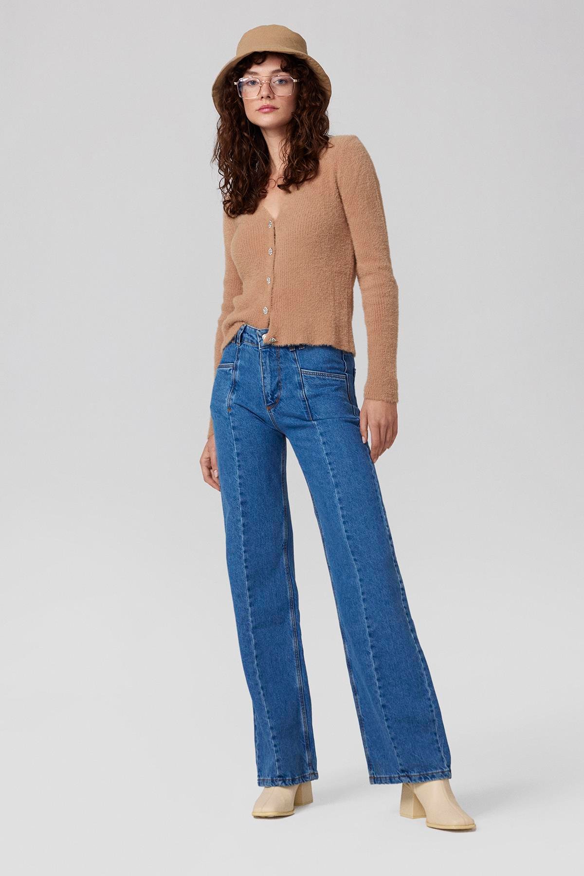 Taş Düğmeli Fitilli Hırka - Camel-15403-Camel