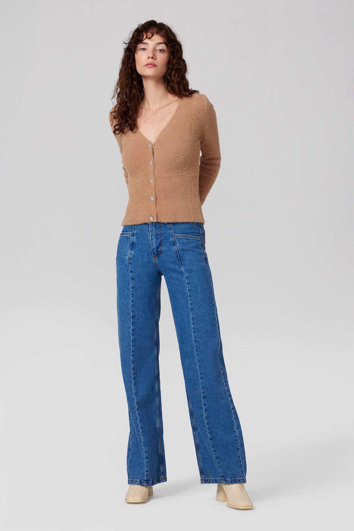 Taş Düğmeli Fitilli Hırka - Camel-15403-Camel