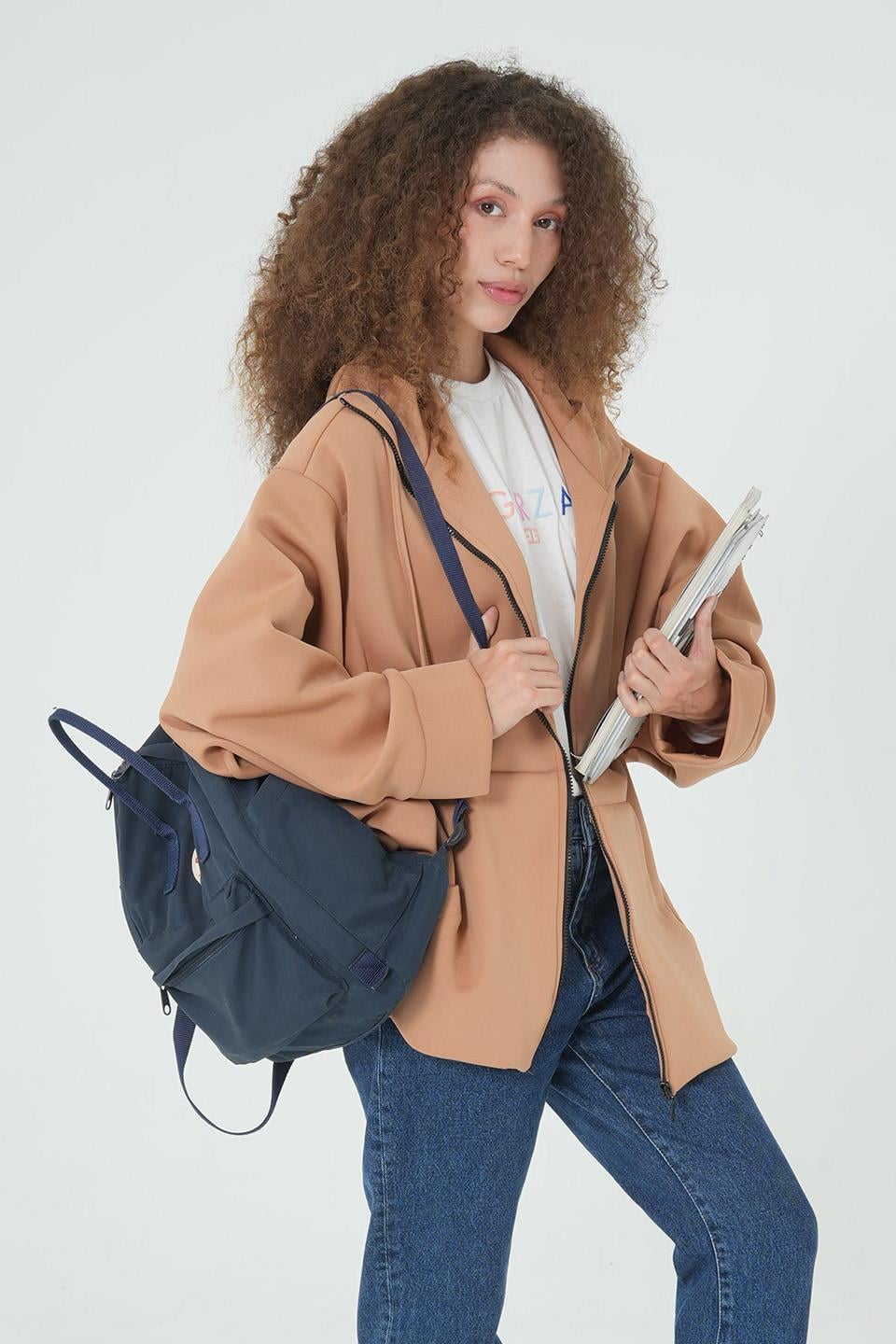 CAMEL KAPÜŞONLU FERMUARLI OVERSİZE SWEATSHIRT