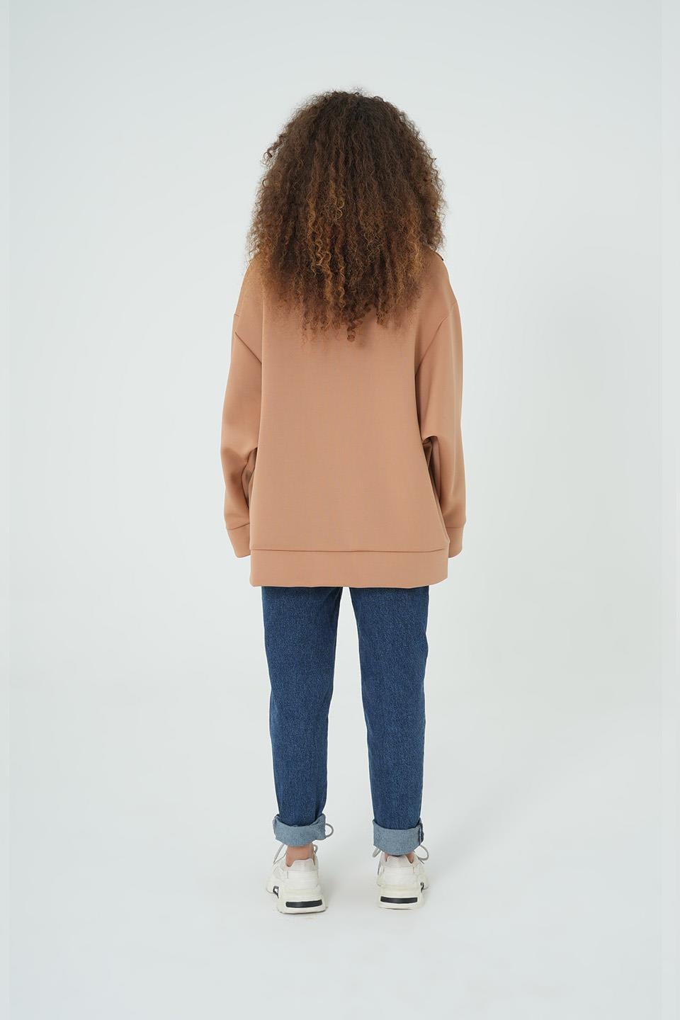 CAMEL KAPÜŞONLU FERMUARLI OVERSİZE SWEATSHIRT