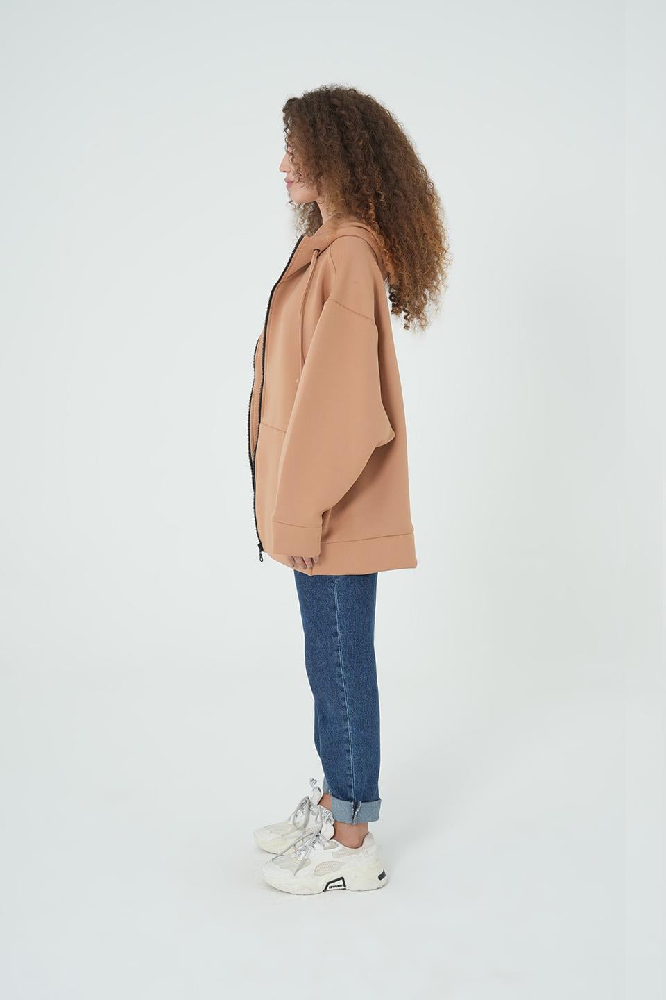 CAMEL KAPÜŞONLU FERMUARLI OVERSİZE SWEATSHIRT