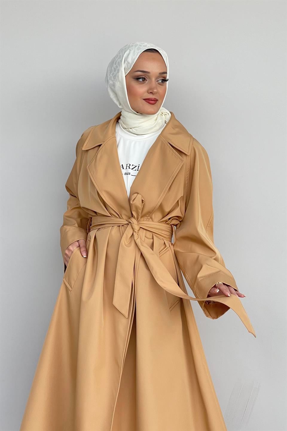 Camel Oversize Desenli Astar Detaylı Kemerli Trençkot
