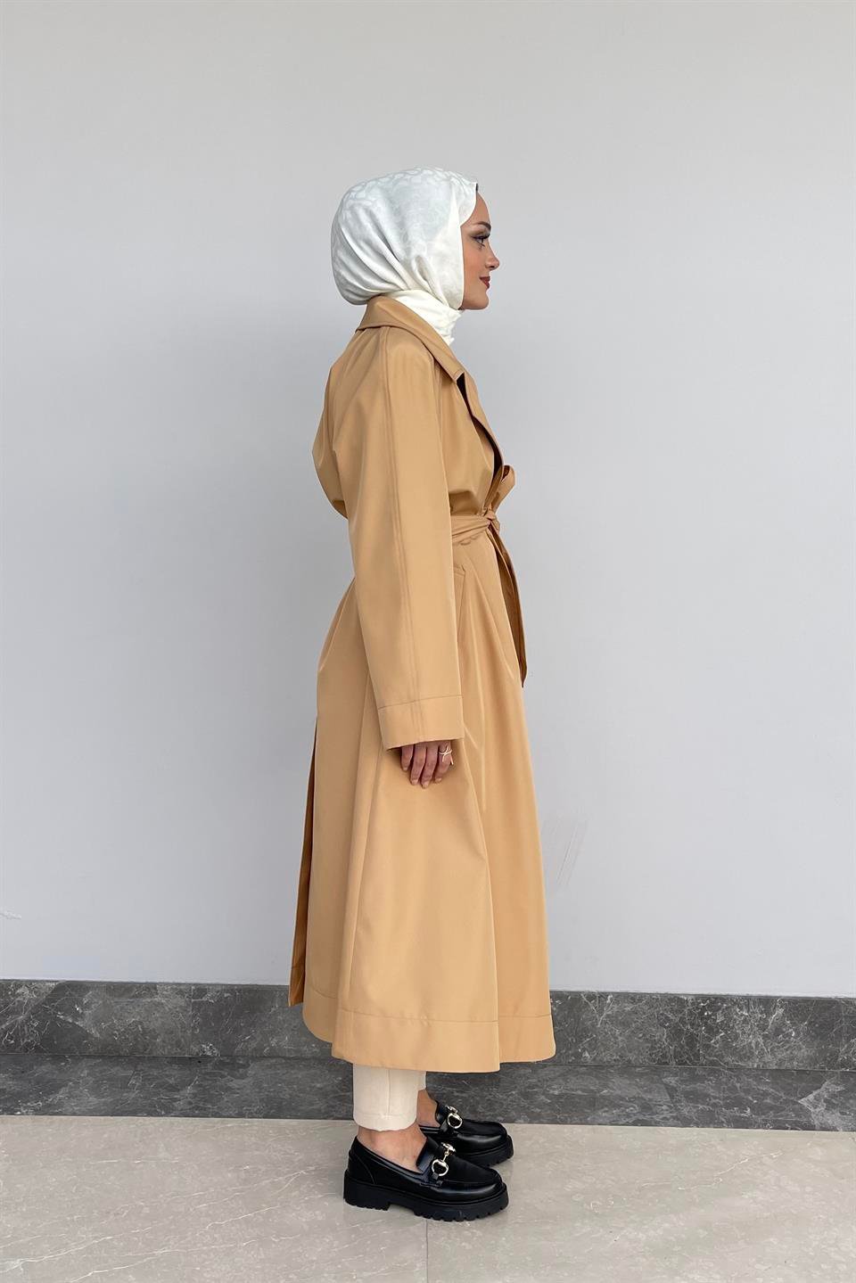 Camel Oversize Desenli Astar Detaylı Kemerli Trençkot