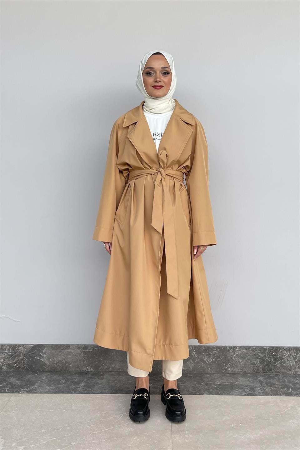 Camel Oversize Desenli Astar Detaylı Kemerli Trençkot