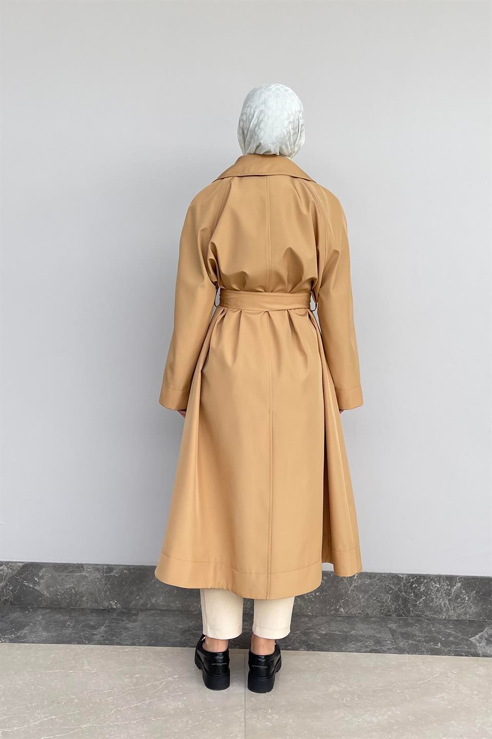 Camel Oversize Desenli Astar Detaylı Kemerli Trençkot