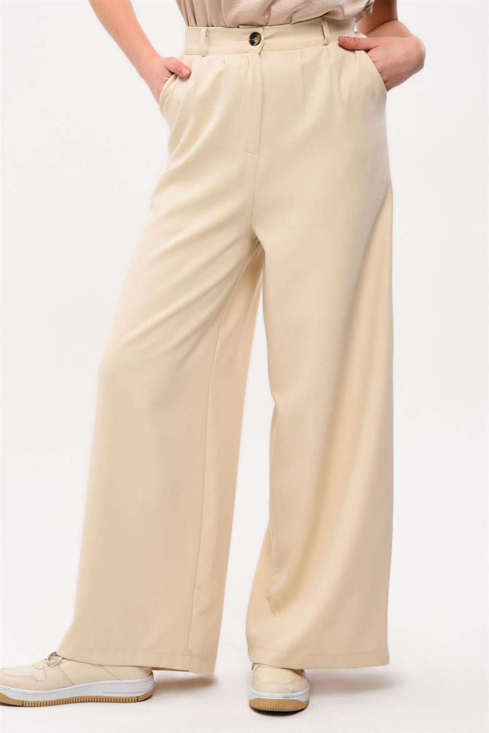 EKRU DOUBLE PİLELİ CEPLİ  BOL PAÇA PANTOLON