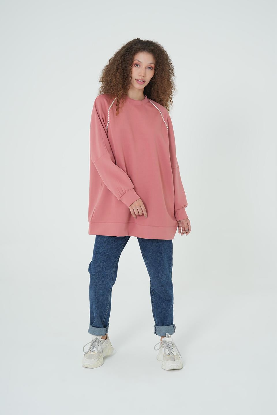 GÜLKURUSU İNCİ DETAYLI OVERSİZE SWEAT