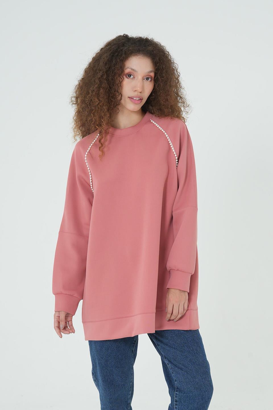 GÜLKURUSU İNCİ DETAYLI OVERSİZE SWEAT