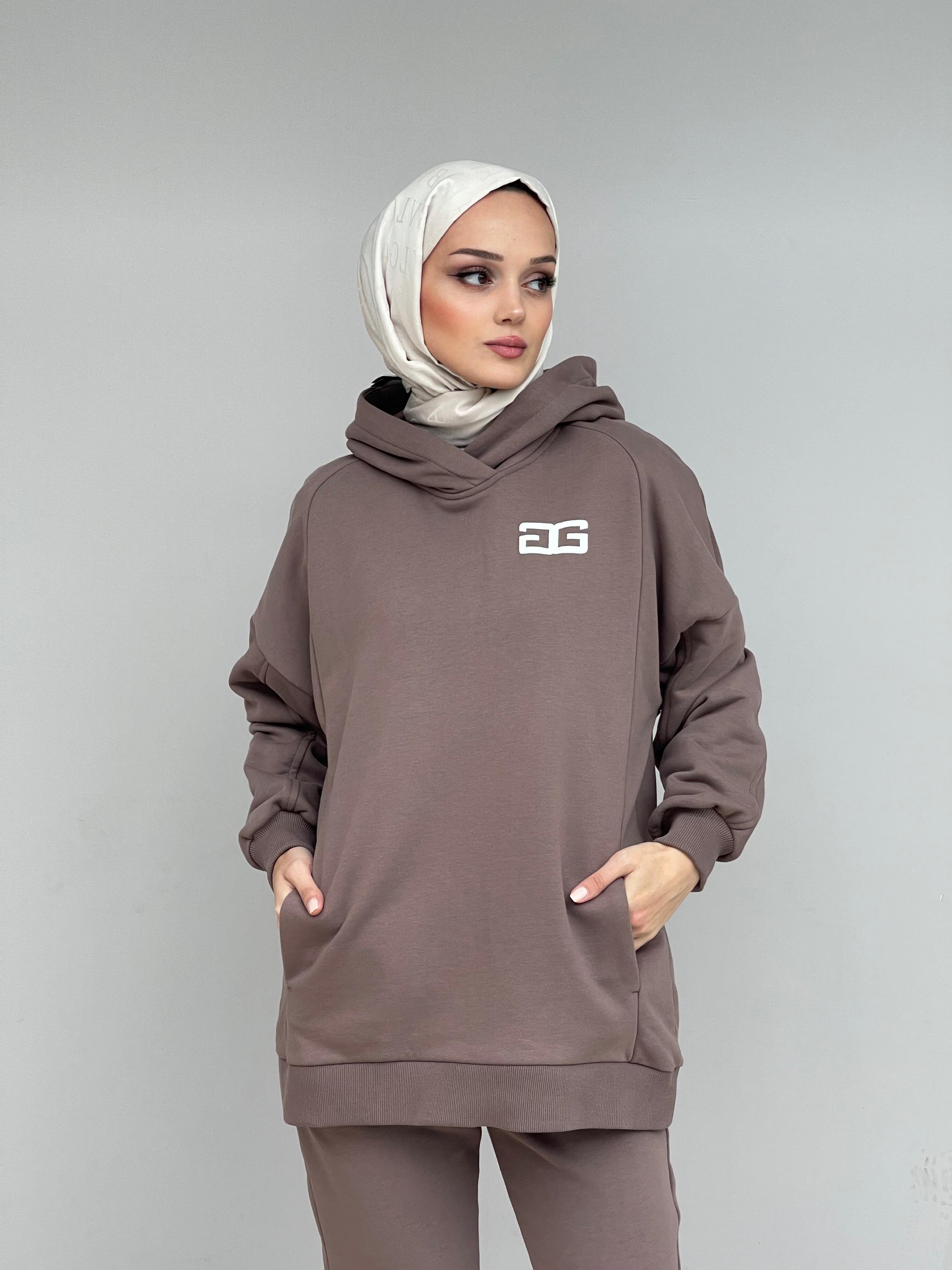 Kahverengi Kapüşonlu Kesik Detaylı  Sweat