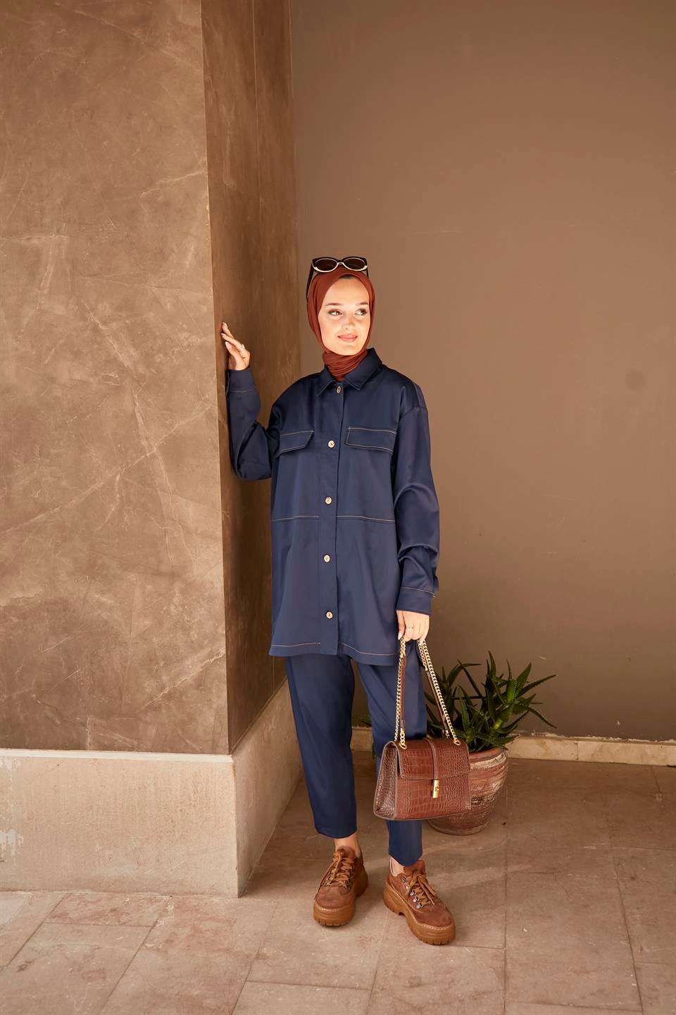 LACİVERT Oversize Düğmeli Gömlek