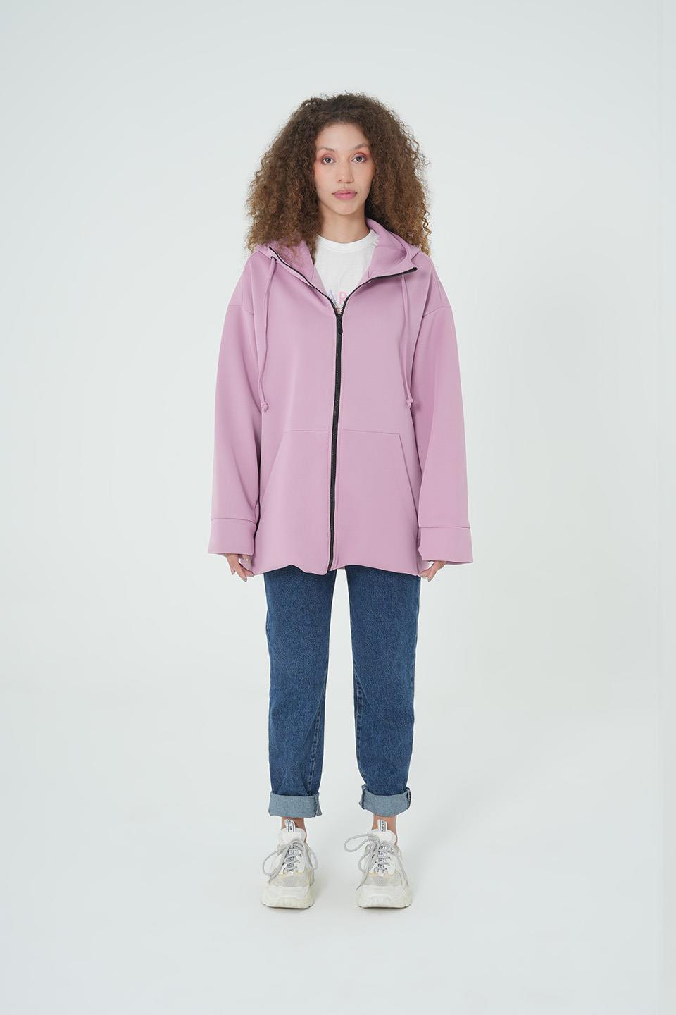LİLA KAPÜŞONLU FERMUARLI OVERSİZE SWEATSHIRT