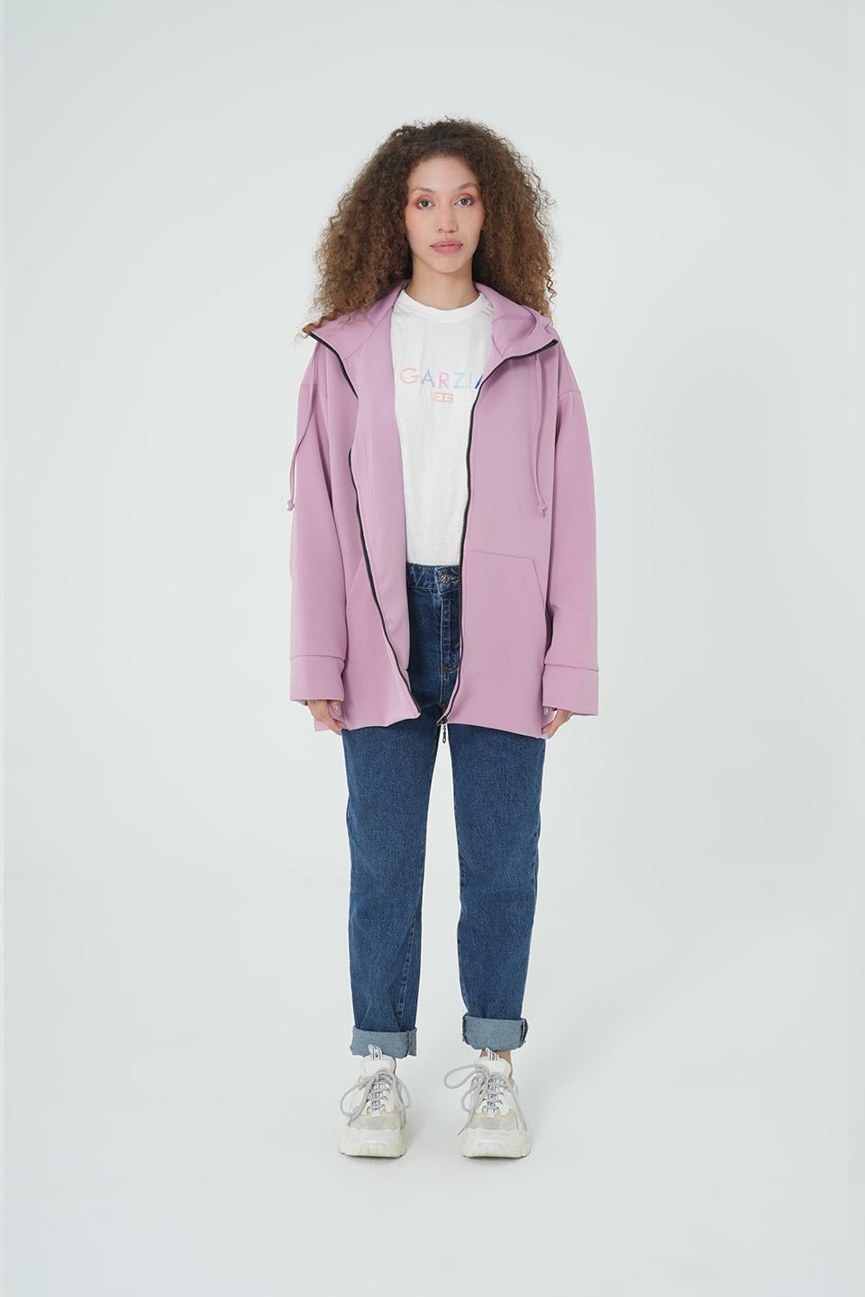 LİLA KAPÜŞONLU FERMUARLI OVERSİZE SWEATSHIRT