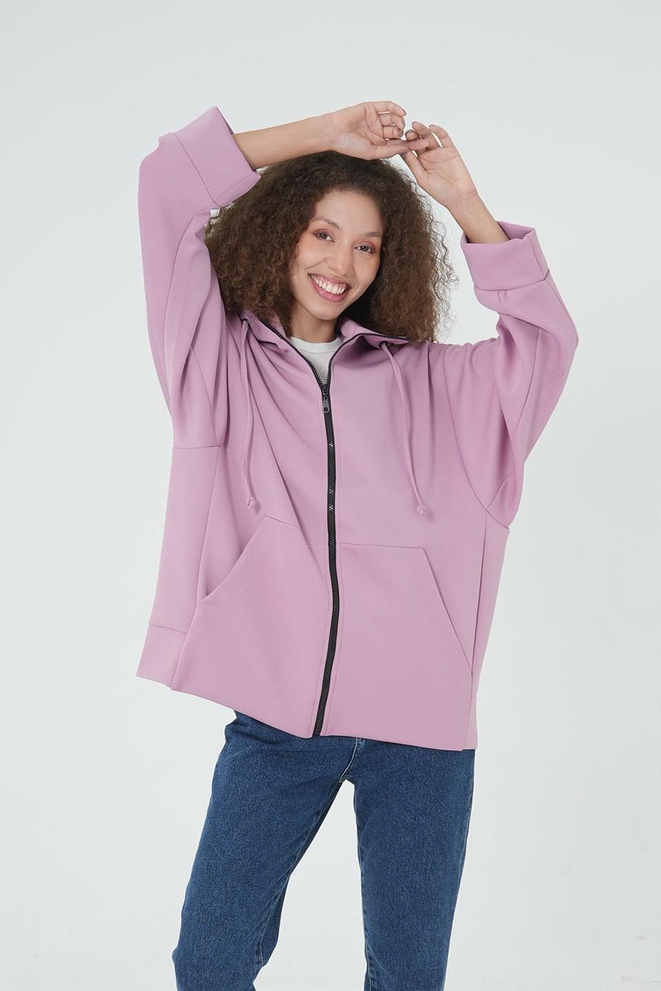 LİLA KAPÜŞONLU FERMUARLI OVERSİZE SWEATSHIRT