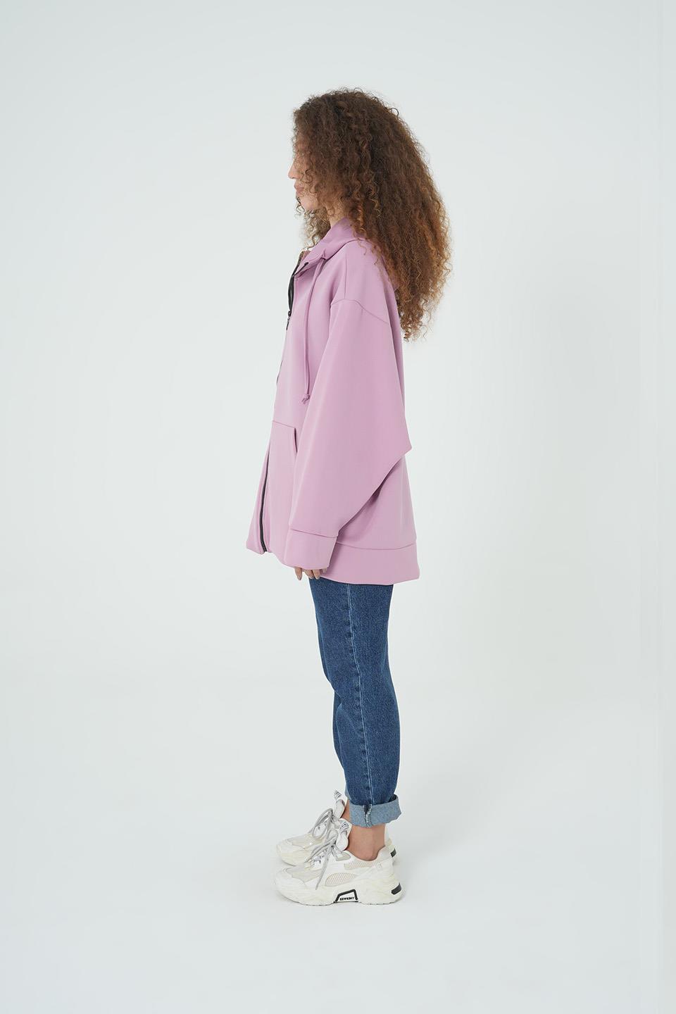 LİLA KAPÜŞONLU FERMUARLI OVERSİZE SWEATSHIRT