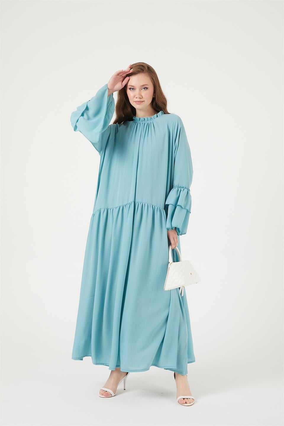 MAVİ KOL FIRFIRLI KESİK DETAYLI ELBİSE