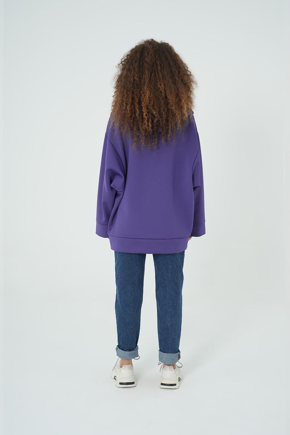 MOR KAPÜŞONLU FERMUARLI OVERSİZE SWEATSHIRT