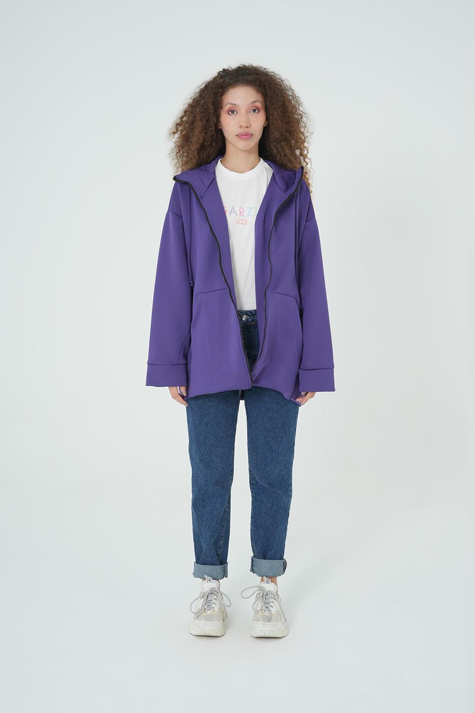 MOR KAPÜŞONLU FERMUARLI OVERSİZE SWEATSHIRT
