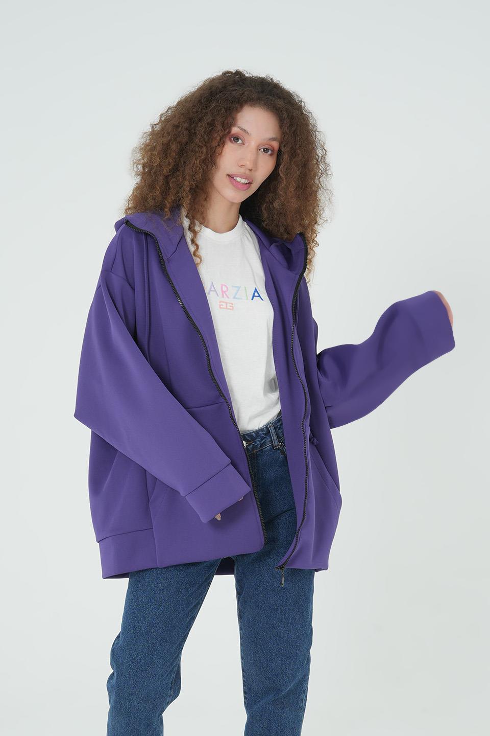 MOR KAPÜŞONLU FERMUARLI OVERSİZE SWEATSHIRT