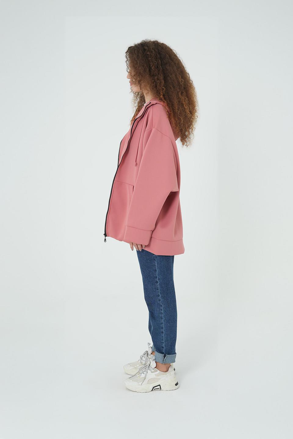 PEMBE KAPÜŞONLU FERMUARLI OVERSİZE SWEATSHIRT
