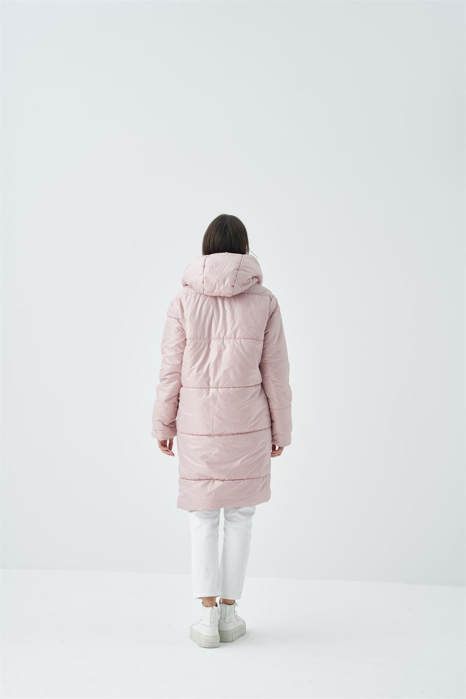 PEMBE KÜRKLÜ KAPÜŞONLU KADIN MONT