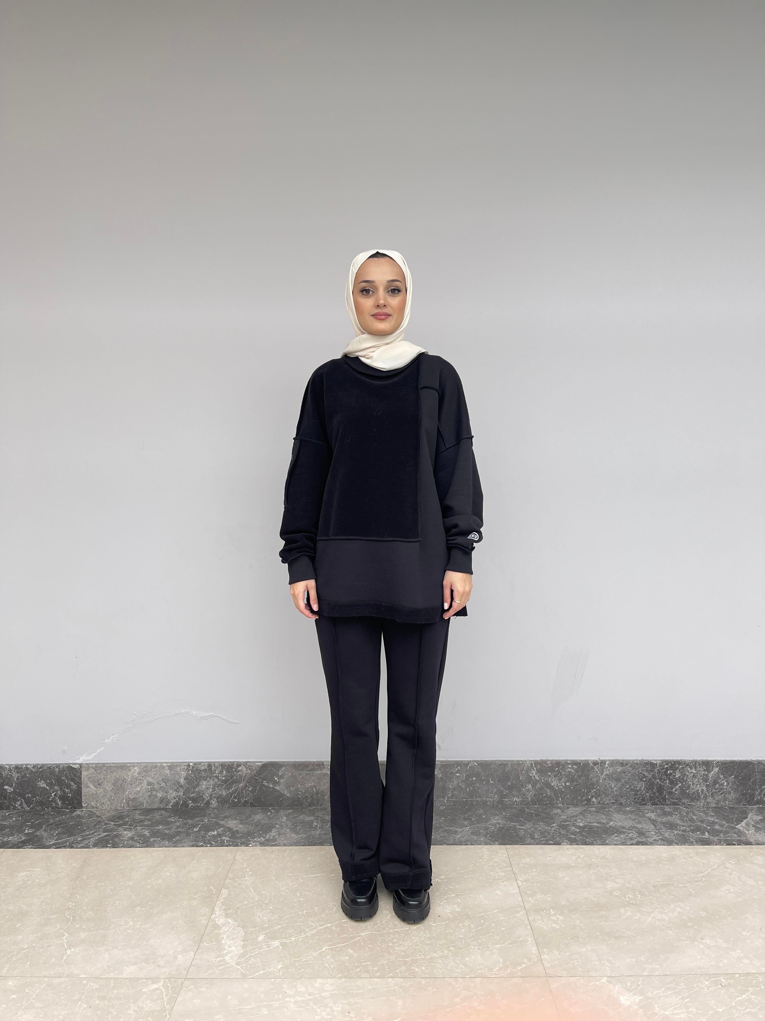 Siyah Dikiş Detaylı Dioganal Örme İkili Takım