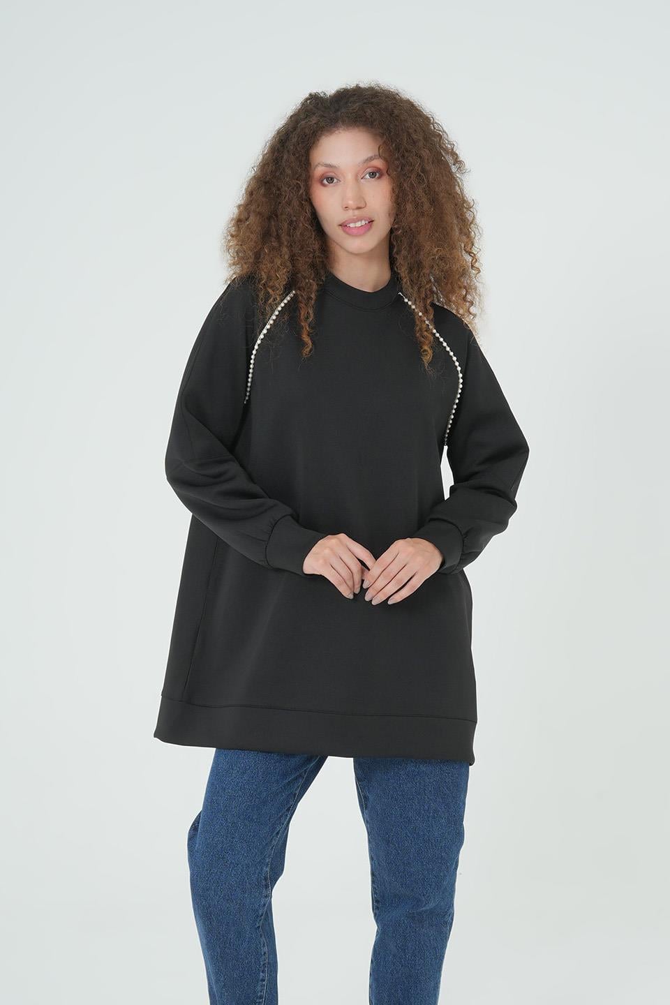 SİYAH İNCİ DETAYLI OVERSİZE SWEAT