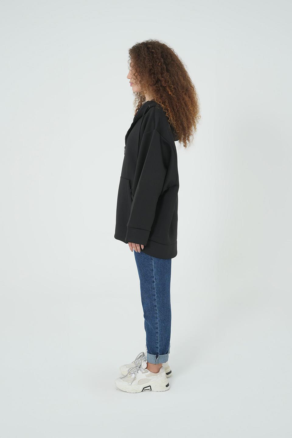 SİYAH KAPÜŞONLU FERMUARLI OVERSİZE SWEATSHIRT